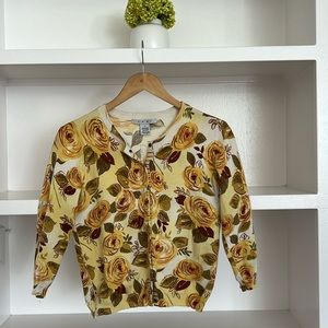 Cabi 465 Yellow Floral Rose Snap Up Cardigan Lightweight Stretchy Retro Rare